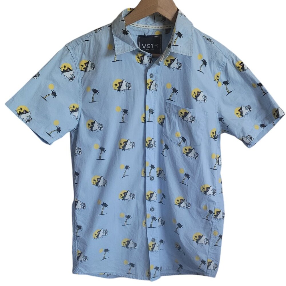 Men's Light Blue VSTR Shark sipping on a drink collar button down shirt. Size S